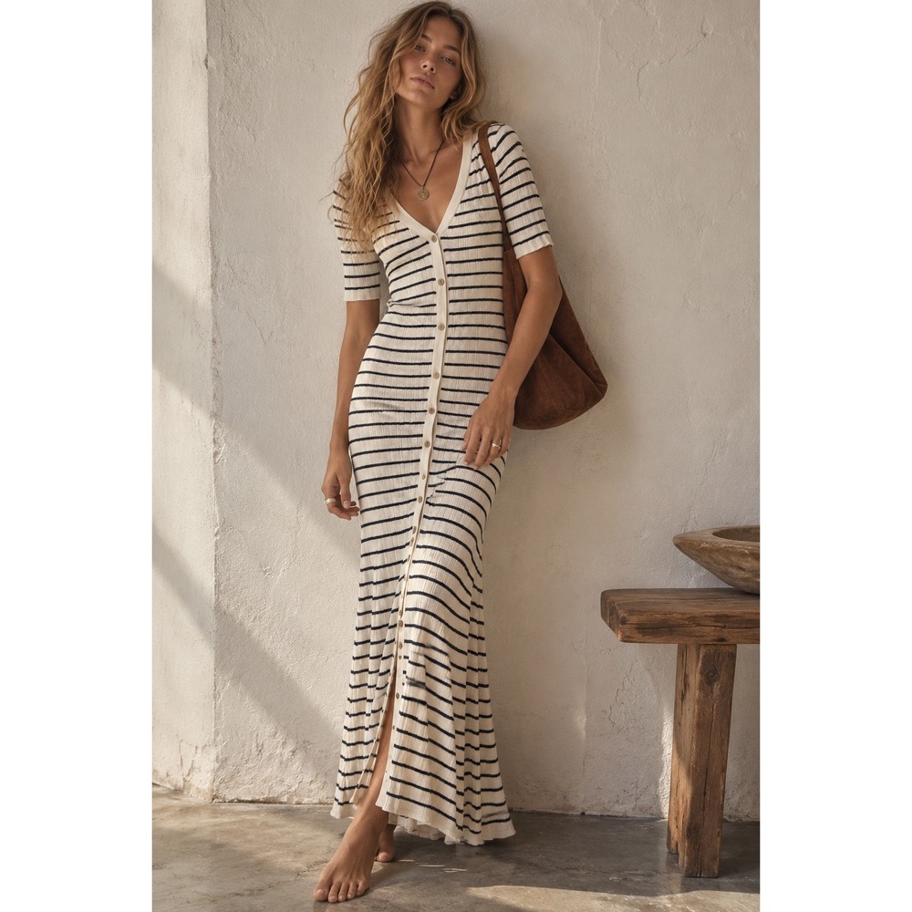 Tahari Womens Striped Ribbed Knit Button Front V-Neck Maxi Dress Ivory Navy M